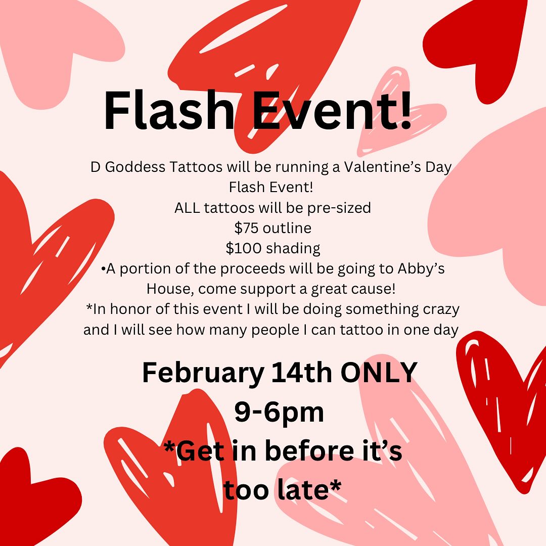 🩷❤️ D Goddess Tattoos will be running a Valentine’s Day Flash event!